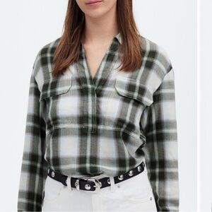 Madewell Green and White Plaid Blouse